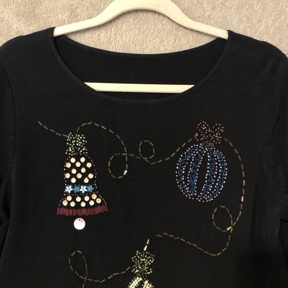 Black Slinky Knit Beaded Shirt Christmas Balls Ornaments Long Sleeve Size Medium - Picture 5 of 16